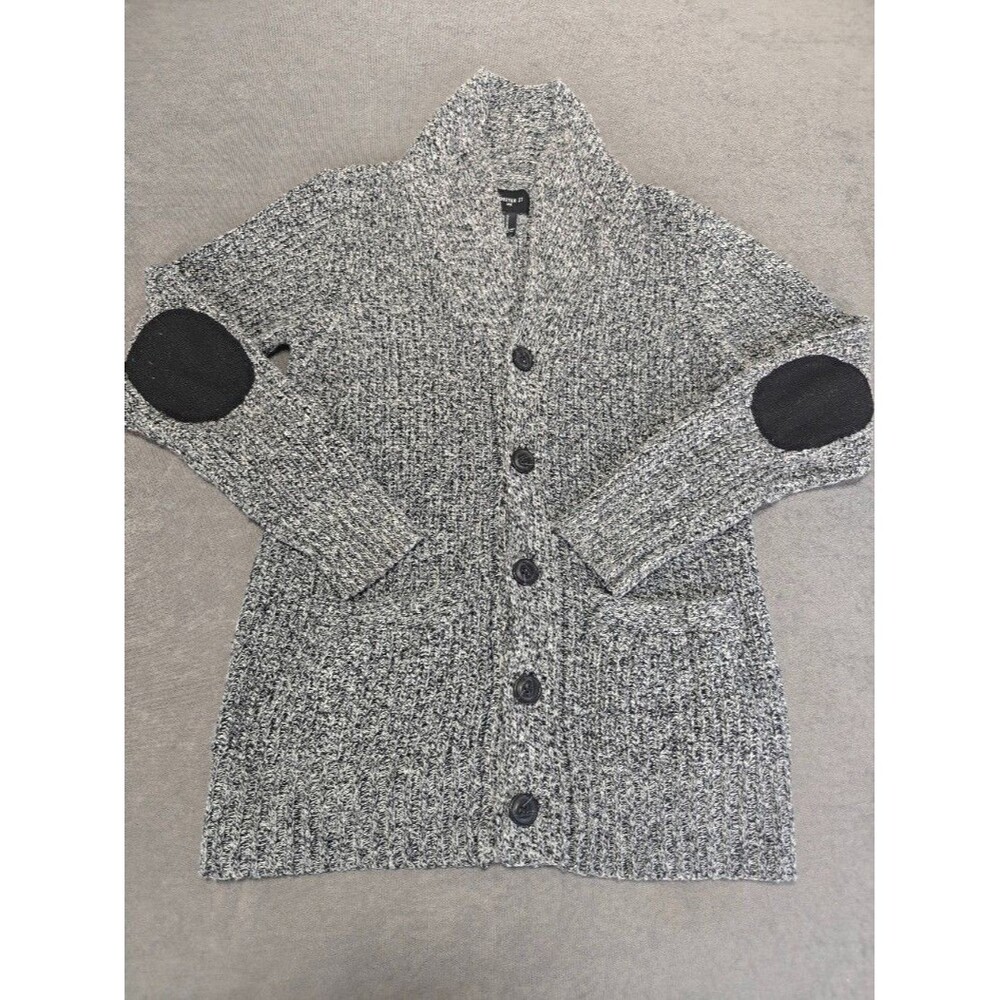 Forever 21 Men Cardigan Sweater Medium Gray Black Shawl Collar Elbow Patch